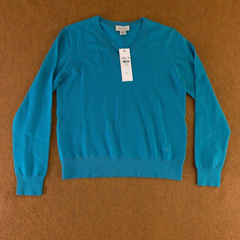 Calvin Klein Jeans Womens Size Small Teal Slate V Neck Pullover Sweater NWT